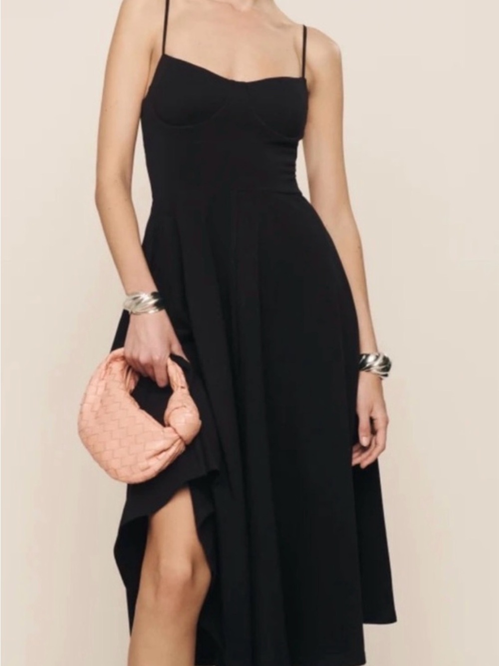 Reformation Black High-Low Spaghetti Strap Midi Dress